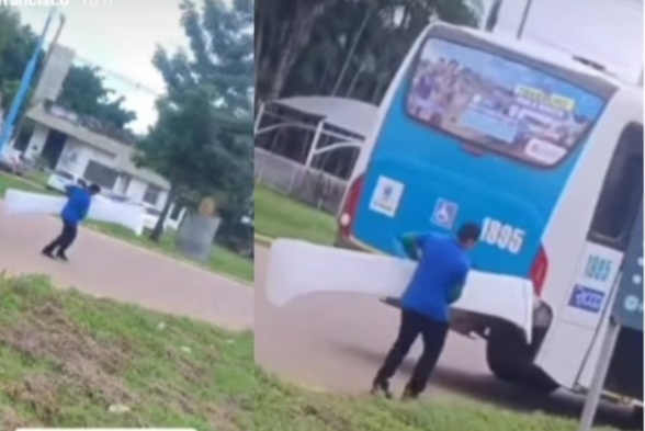 Mais um susto com ônibus velho da Ricco em Rio Branco: para-choque se solta e quase causa acidente