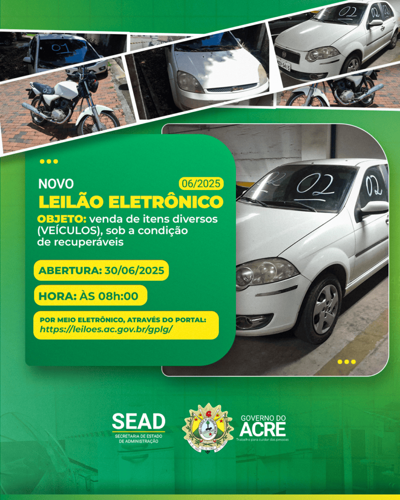 Governo do Acre promove leilão eletrônico de veículos recuperáveis