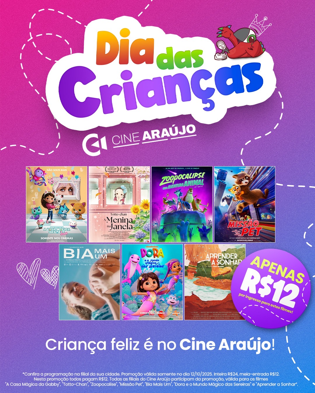 Cine Araújo e Via Verde Shopping celebram o Dia das Crianças com ingressos promocionais com filmes para toda a família