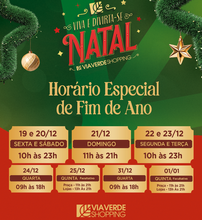 Via Verde Shopping amplia horários em dezembro para funcionamento durante Natal e o Ano Novo