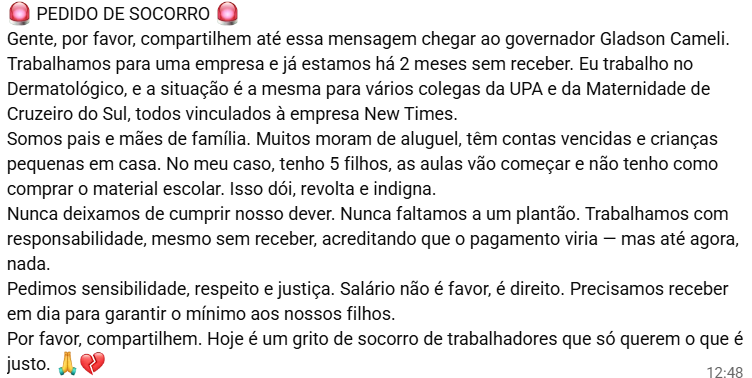 Terceirizados da Saúde denunciam que empresa New Times não paga salários há dois meses e apelam ao governador