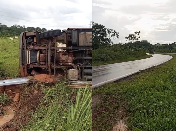 Caminhão capota na BR-317 após perder controle em curva durante chuva