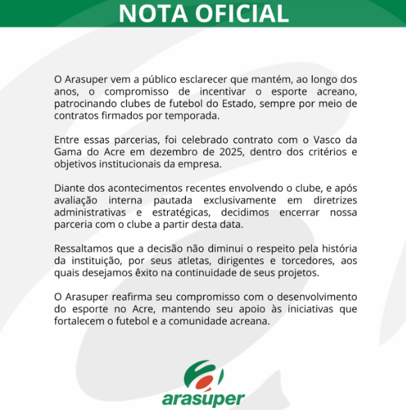 Arasuper corta patrocínio do Vasco-AC após escândalo de estupro e chegada do goleiro Bruno