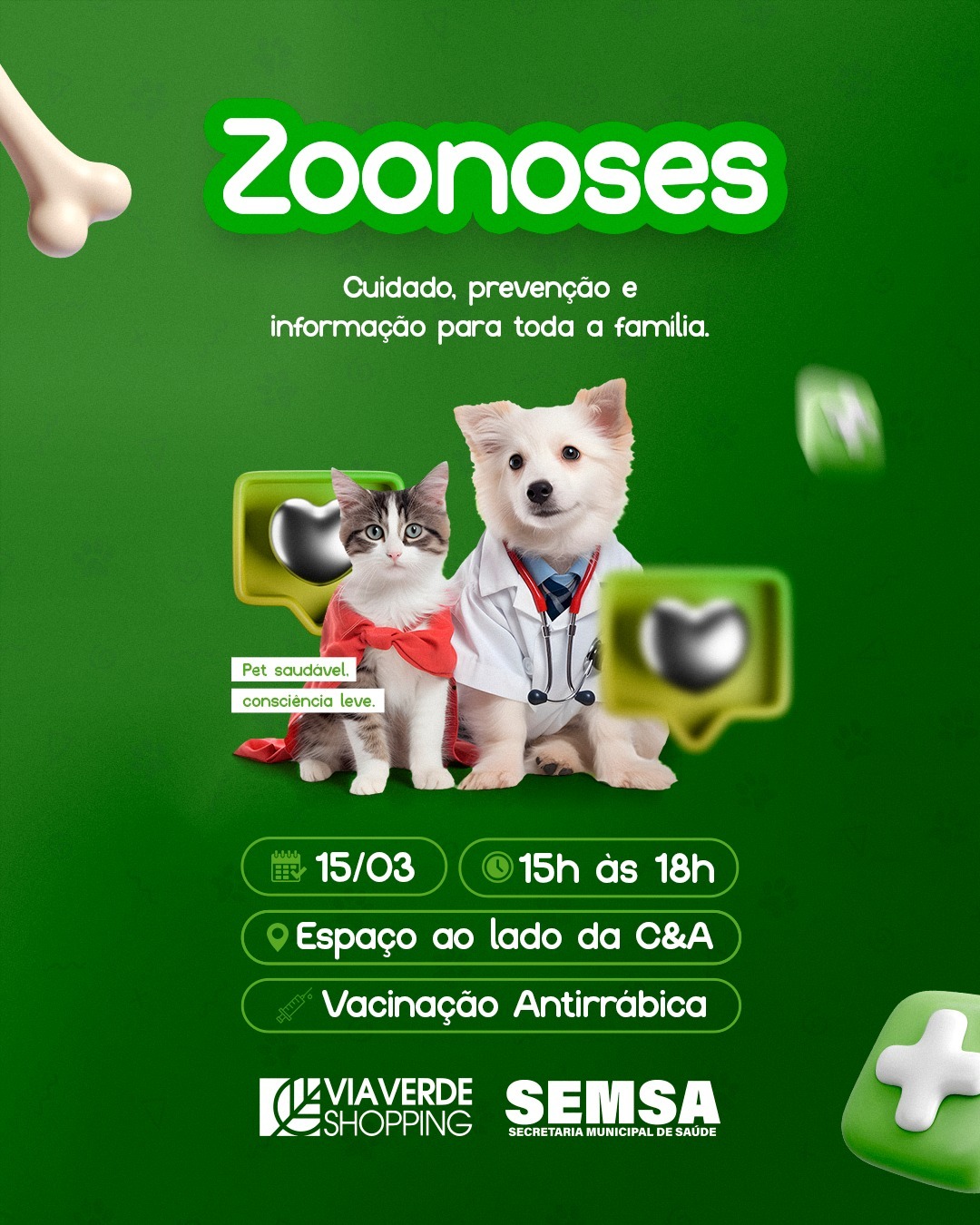 Pets protegidos, famílias tranquilas: vacinação antirrábica reforça cuidados no Dia Nacional dos Animais